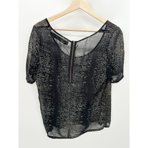 Patterson J Kincaid Top Women SMALL Black Sheer Printed Short Sleeve Scoop Neck - Picture 2 of 8